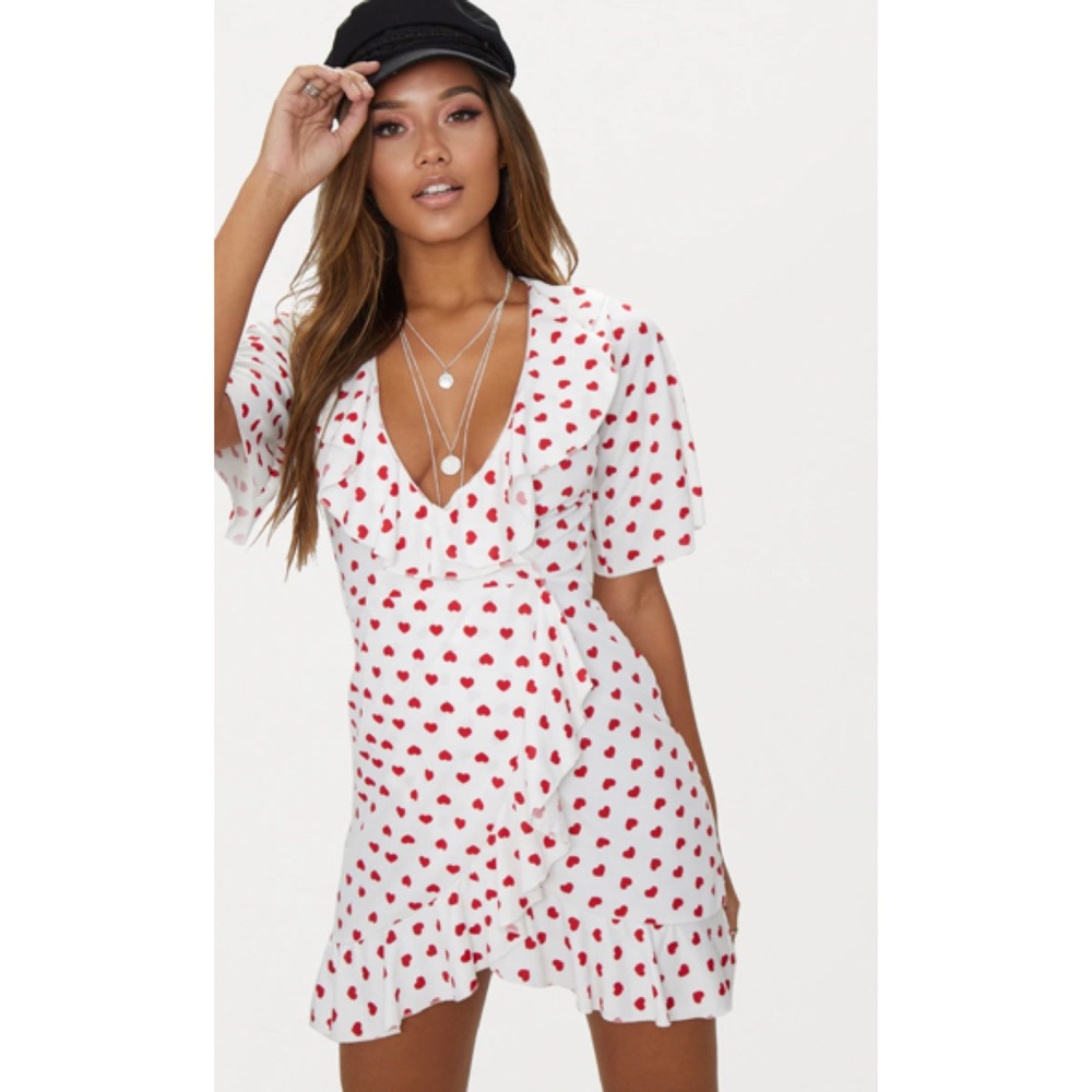 White Heart Print Frill Detail Wrap Tea Dress Women Size 6/8